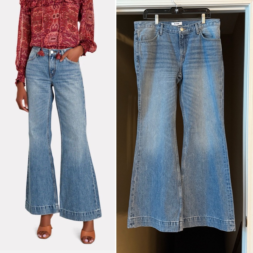 New Re/Done 70s Low Rise Bell Bottom Jeans in Lake Blue, Size 30.